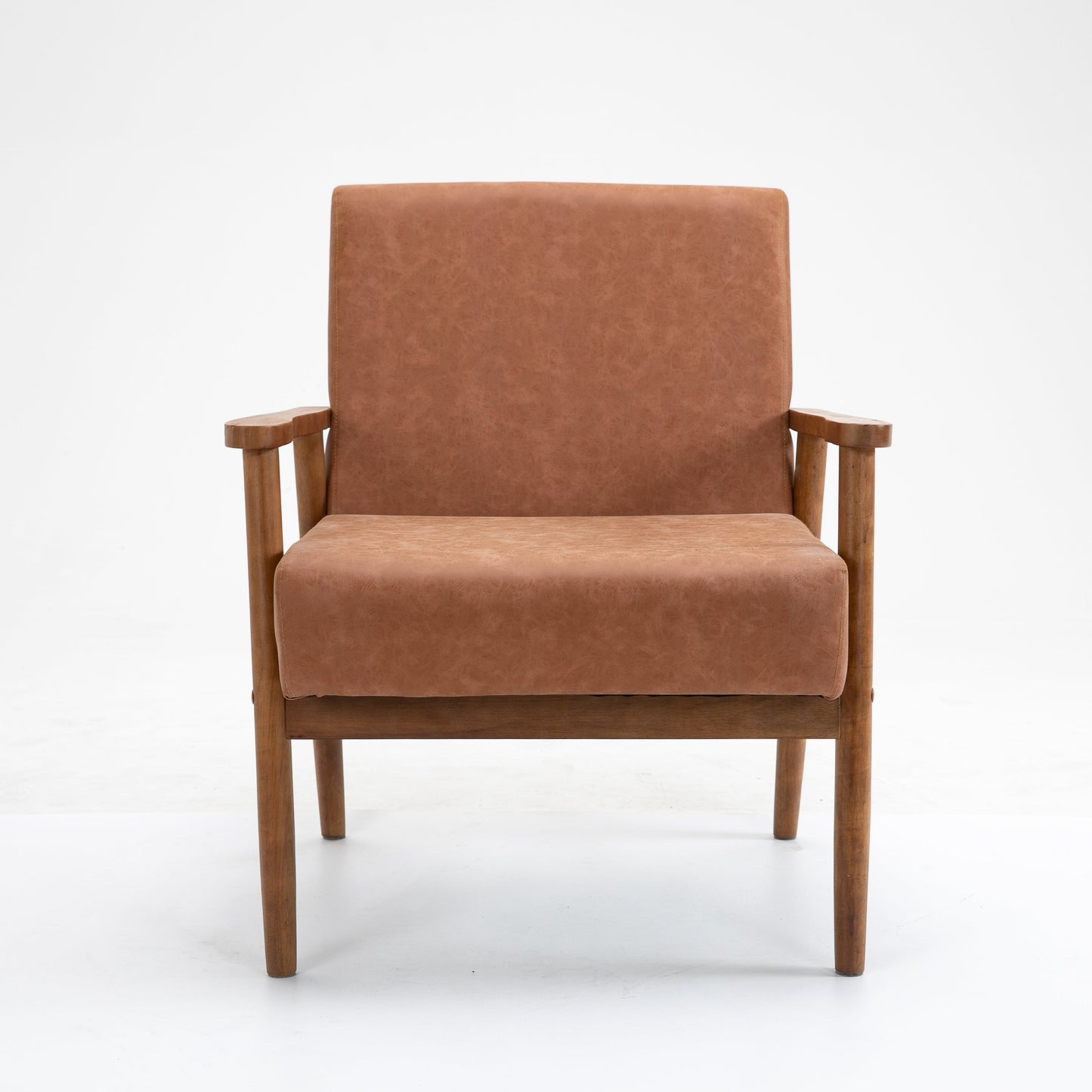 Mid-Century Brown Leather Wood Armchair