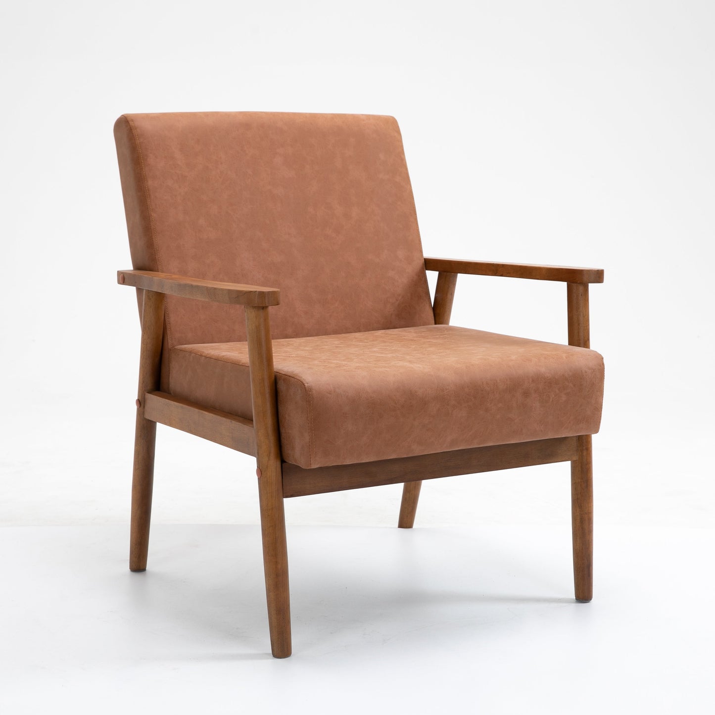 Mid-Century Brown Leather Wood Armchair