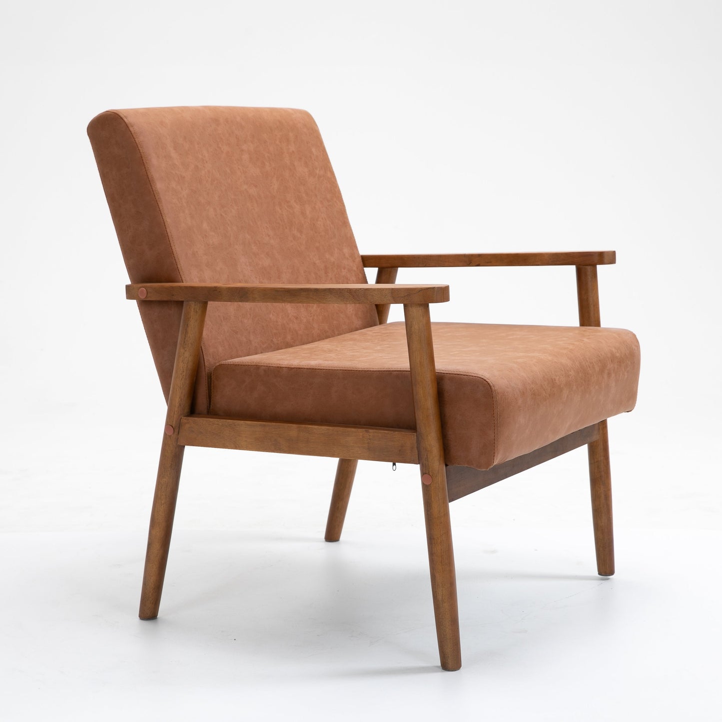 Mid-Century Brown Leather Wood Armchair