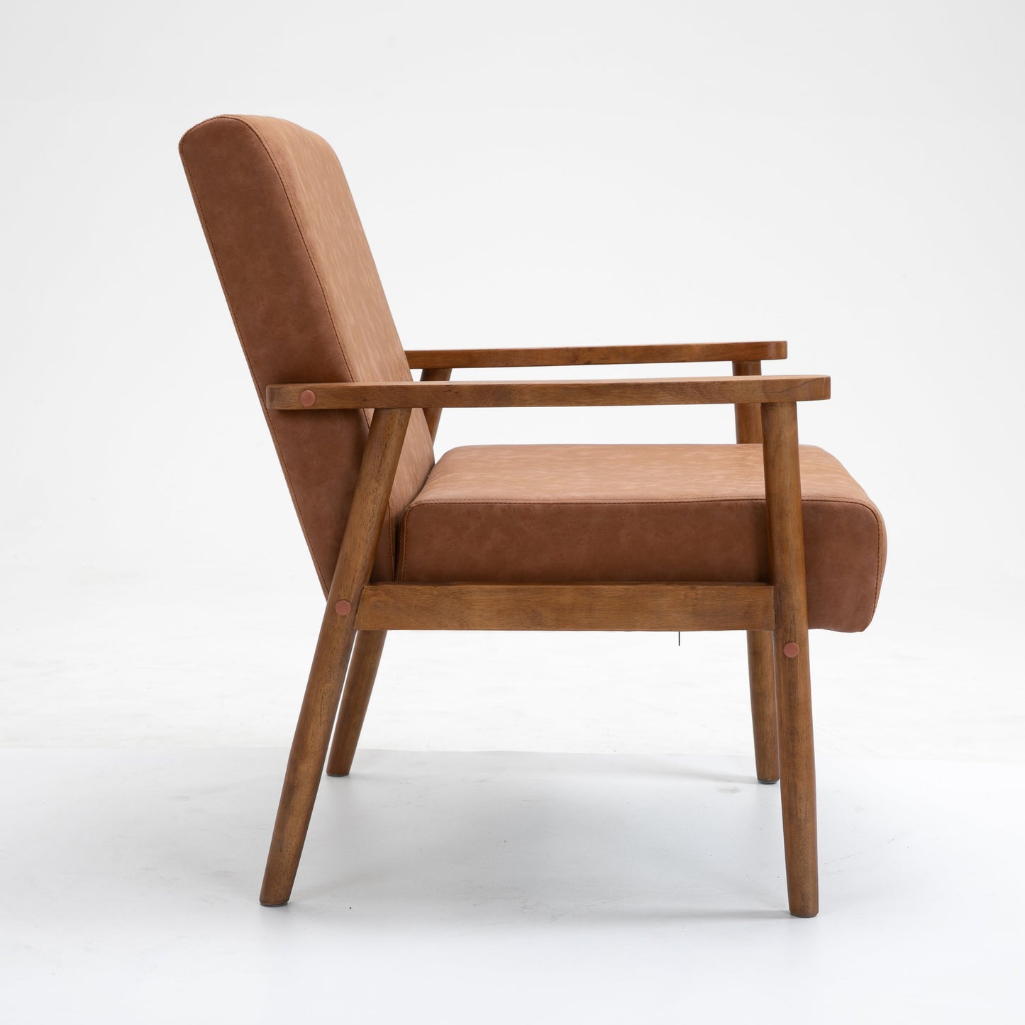 Mid-Century Brown Leather Wood Armchair