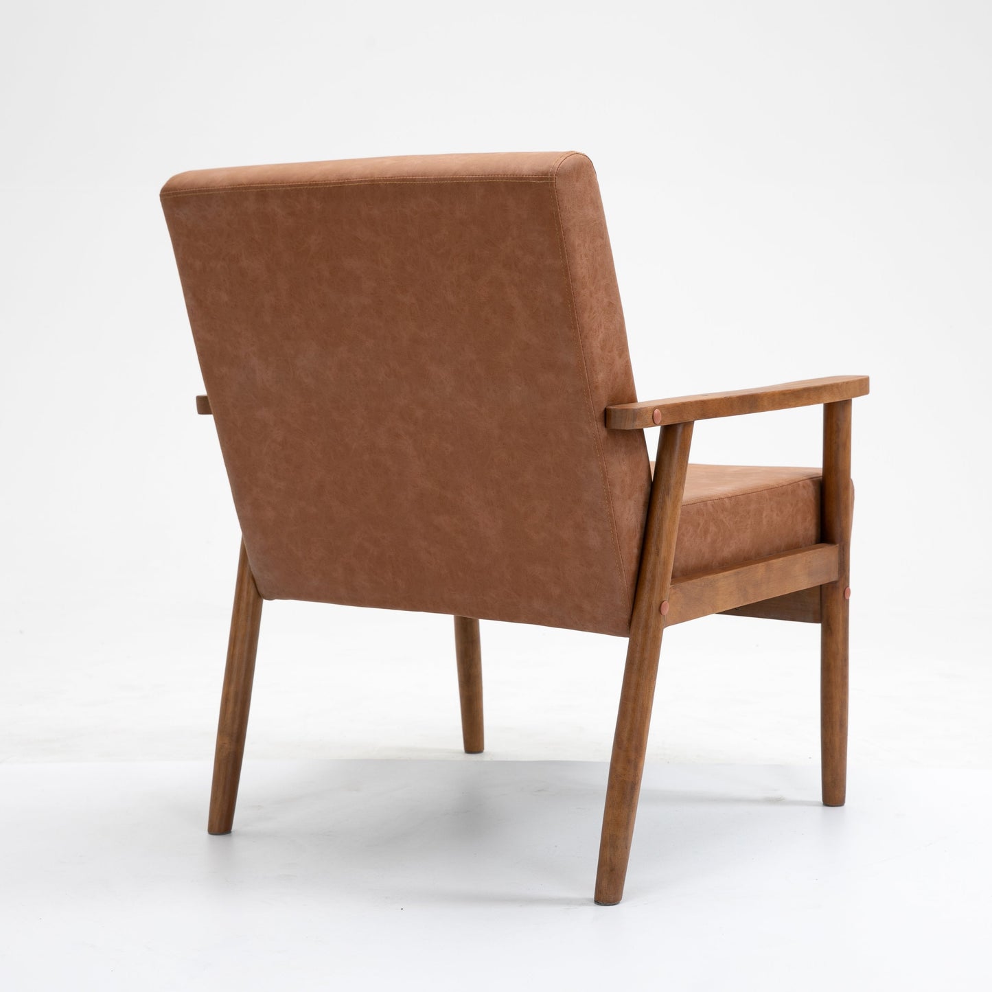 Mid-Century Brown Leather Wood Armchair