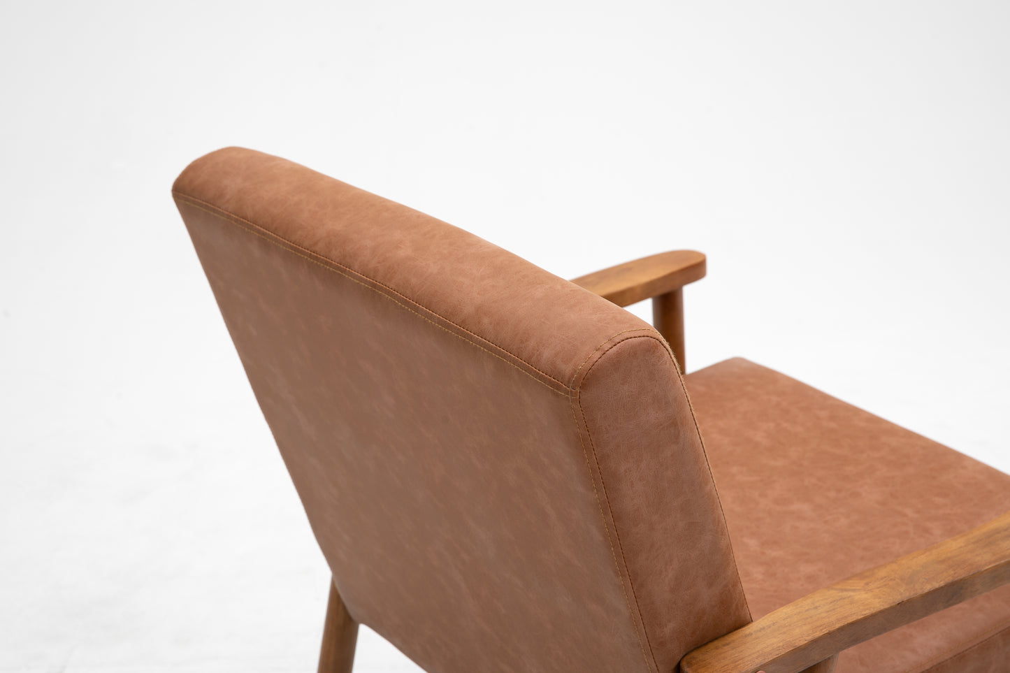 Mid-Century Brown Leather Wood Armchair