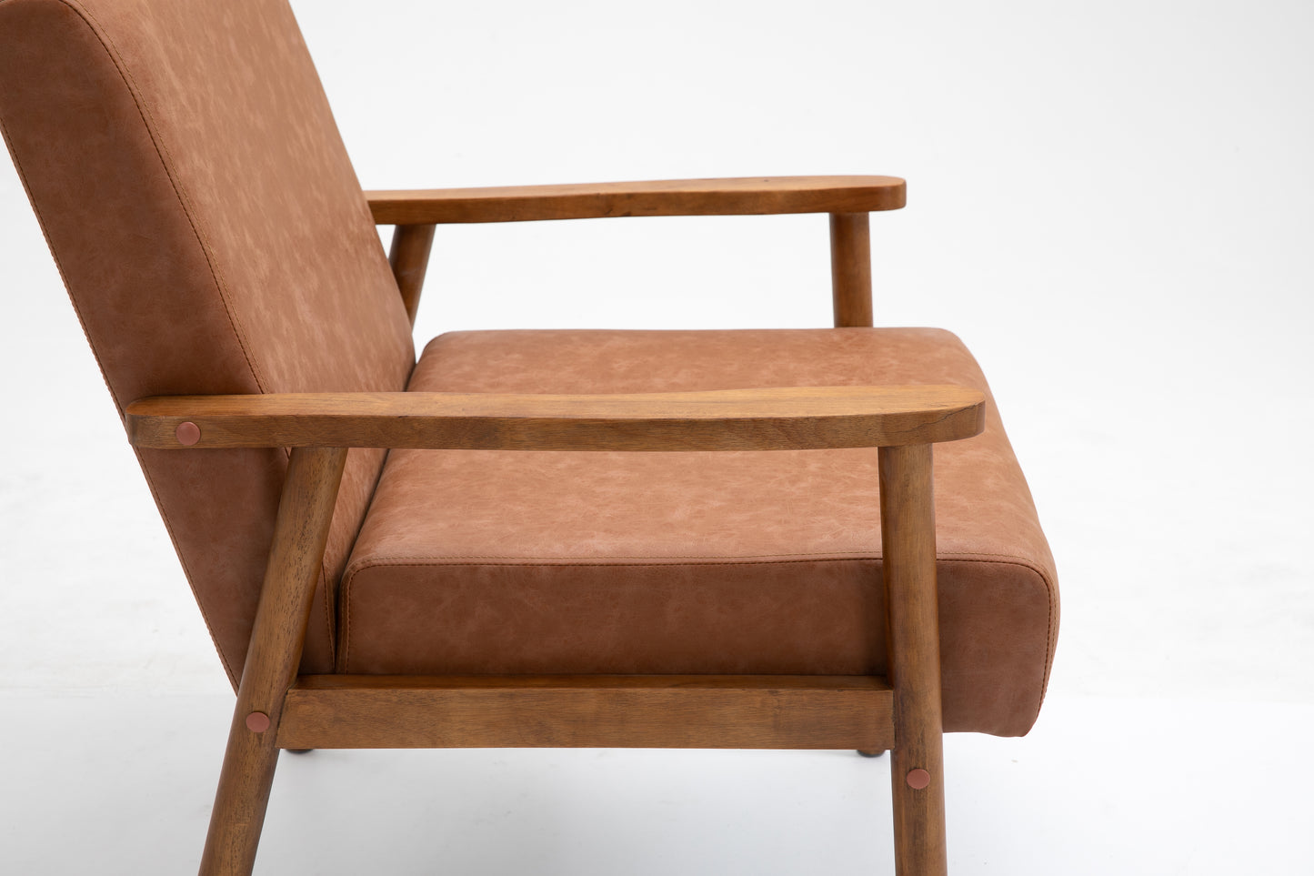 Mid-Century Brown Leather Wood Armchair