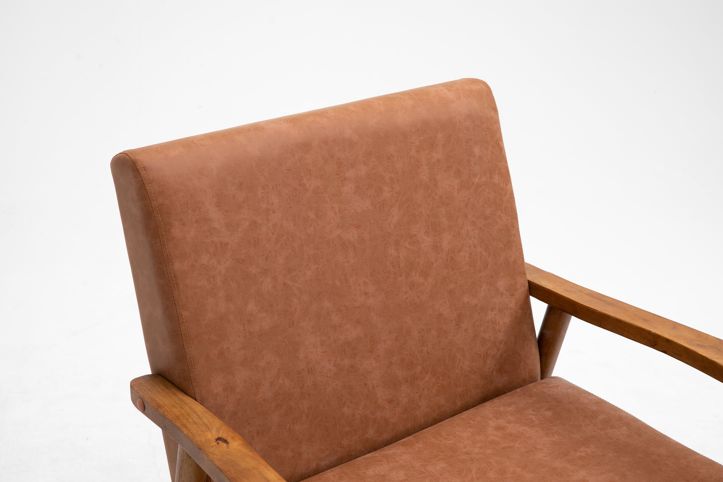 Mid-Century Brown Leather Wood Armchair