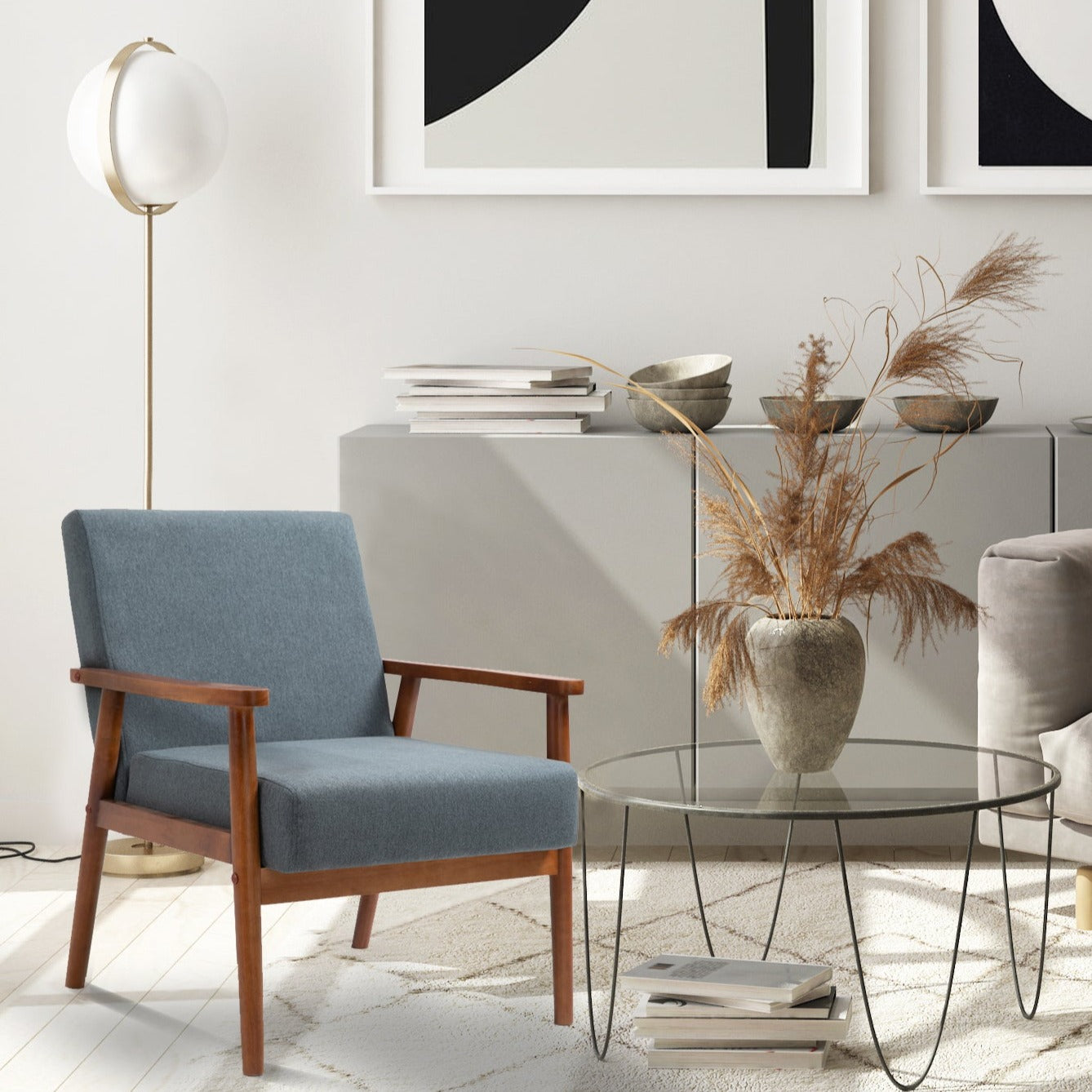 Mid-Century Wood Armchair - Blue Gray