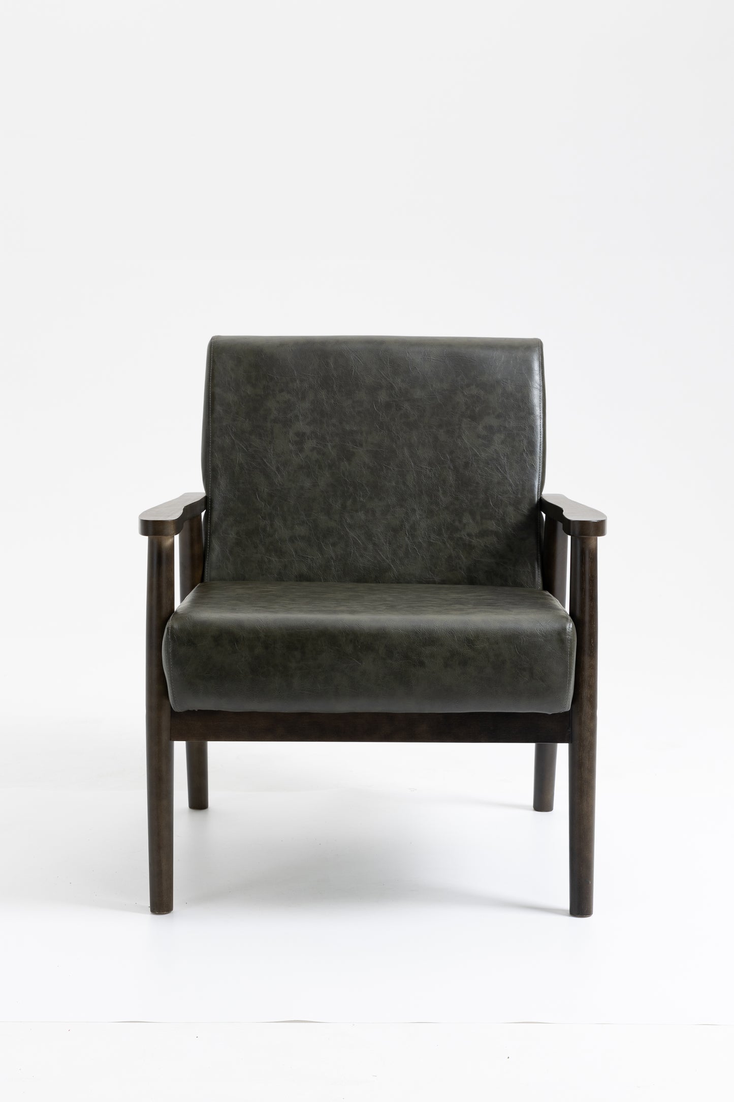 Wood Frame Accent Chair with Armrests, Green Leather