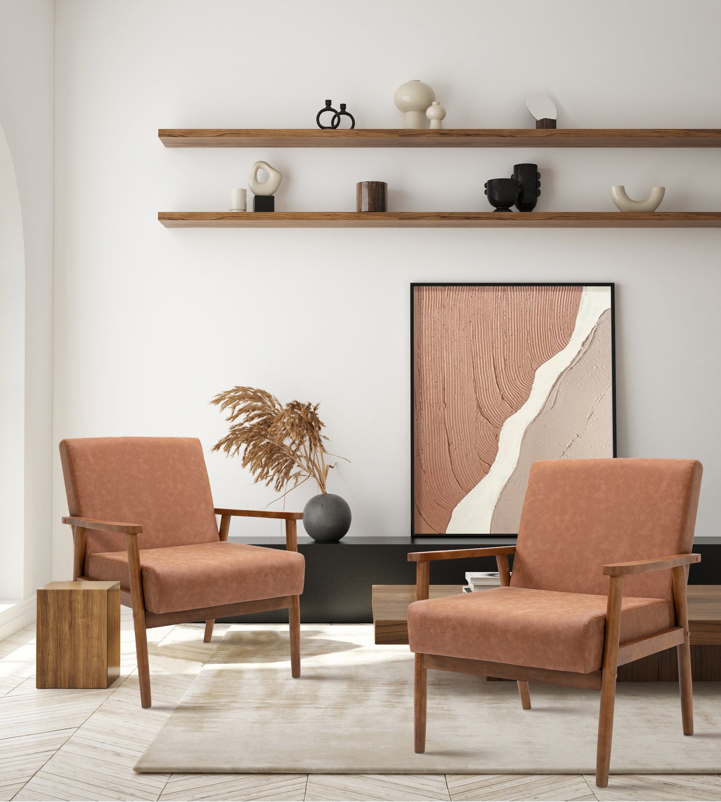 Mid-Century Brown Leather Wood Armchair